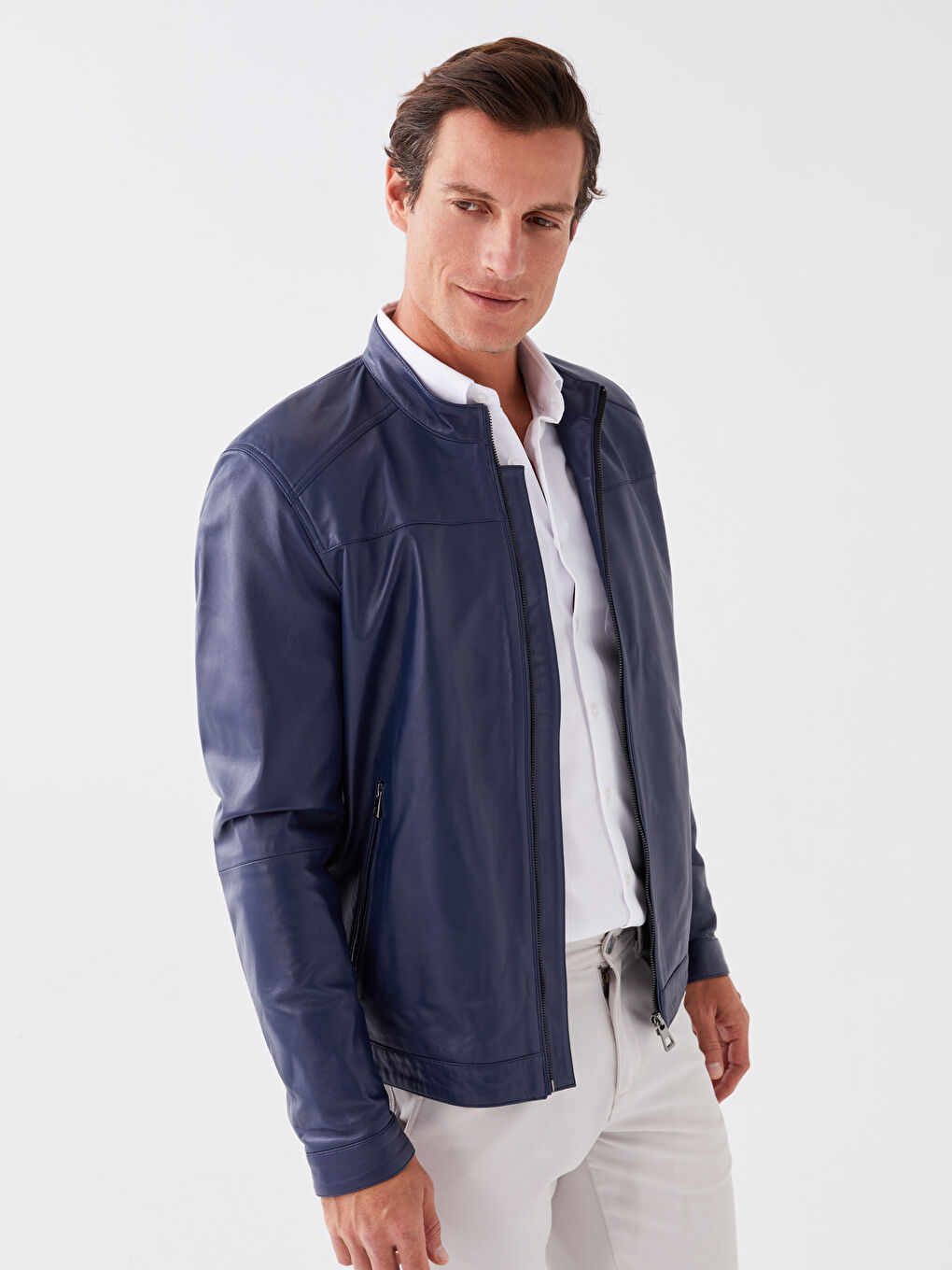 معطف جلد رجالي بياقة واقفة بنقشة عادية-1