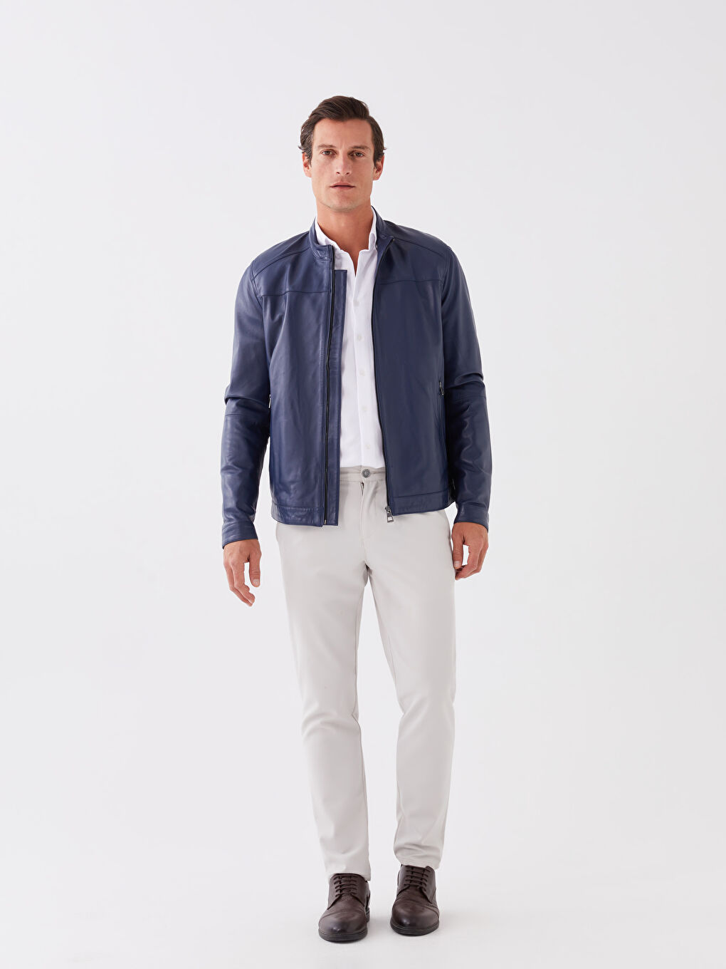 معطف جلد رجالي بياقة واقفة بنقشة عادية-2