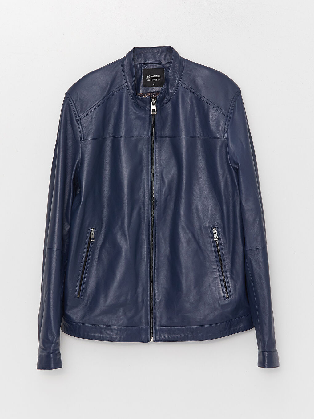 معطف جلد رجالي بياقة واقفة بنقشة عادية-6