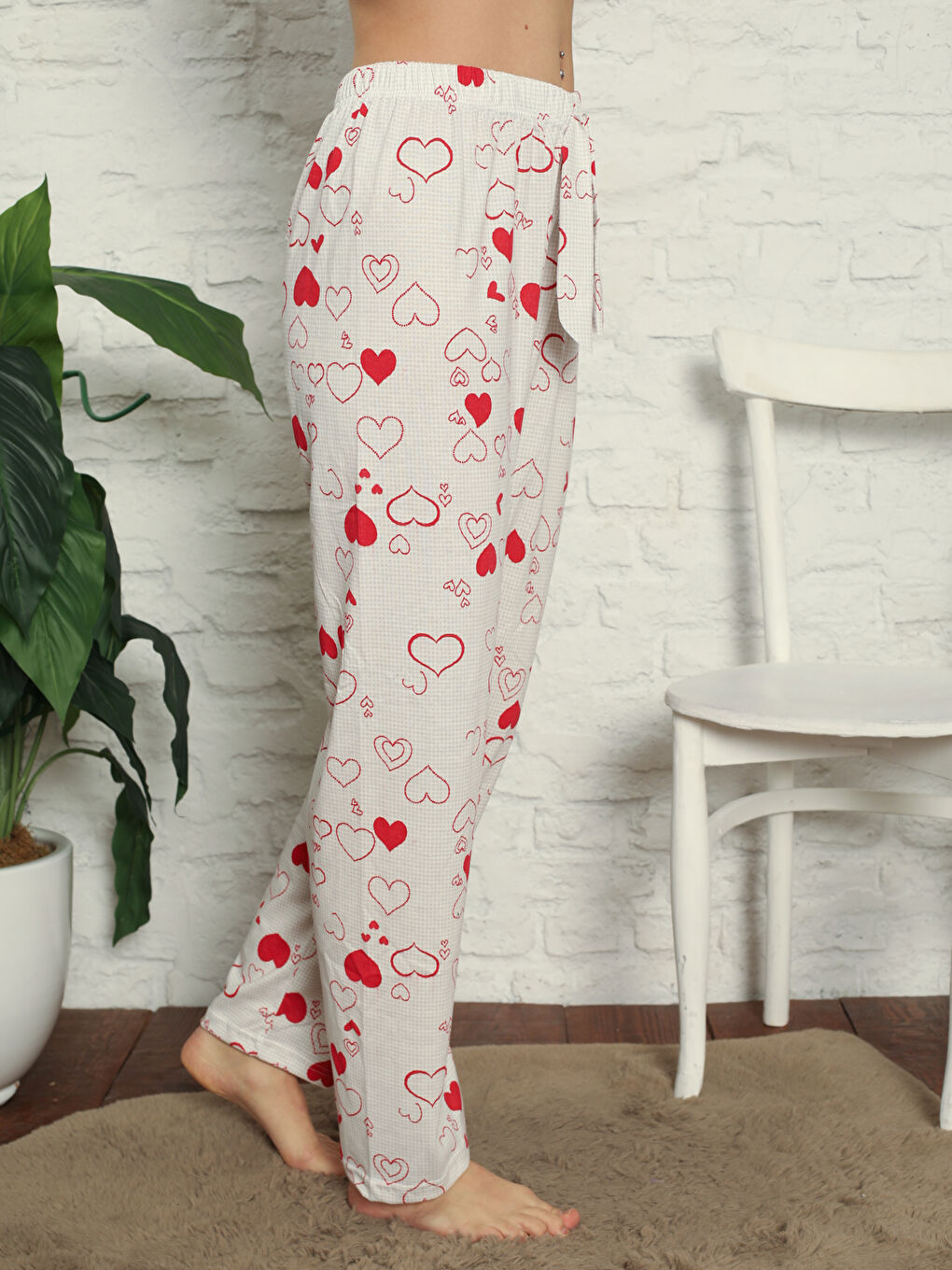 Kırmızı Beli Lastikli Baskılı Kadın Pijama Alt-1