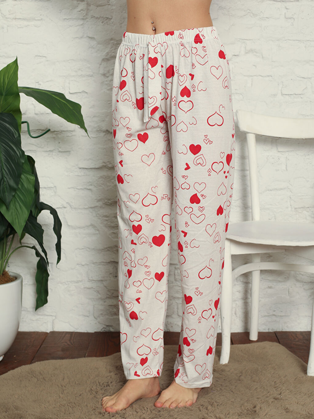 Kırmızı Beli Lastikli Baskılı Kadın Pijama Alt-2