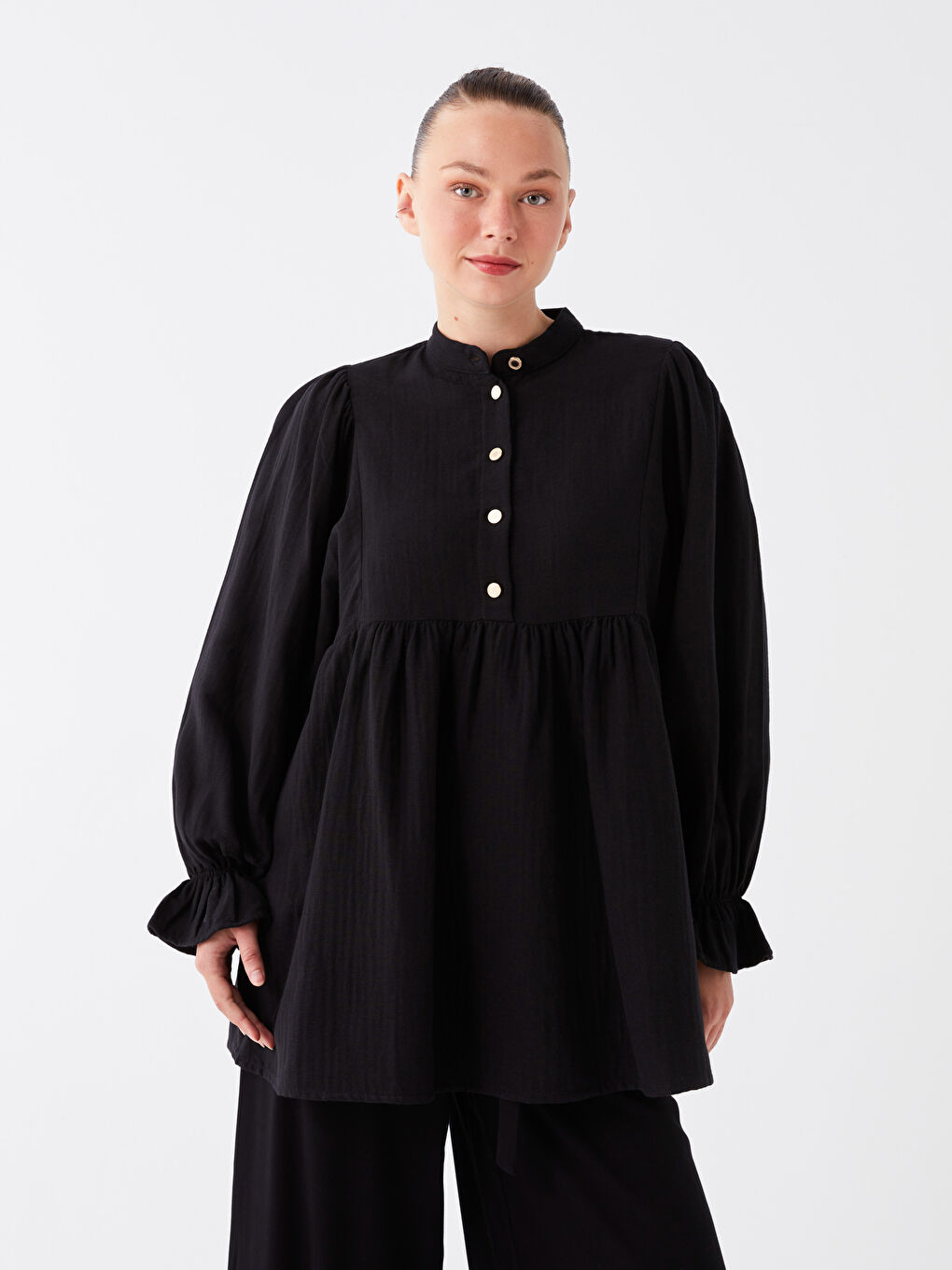 LCW Modest Siyah Hakim Yaka Düz Uzun Kollu Oversize Müslin Kadın