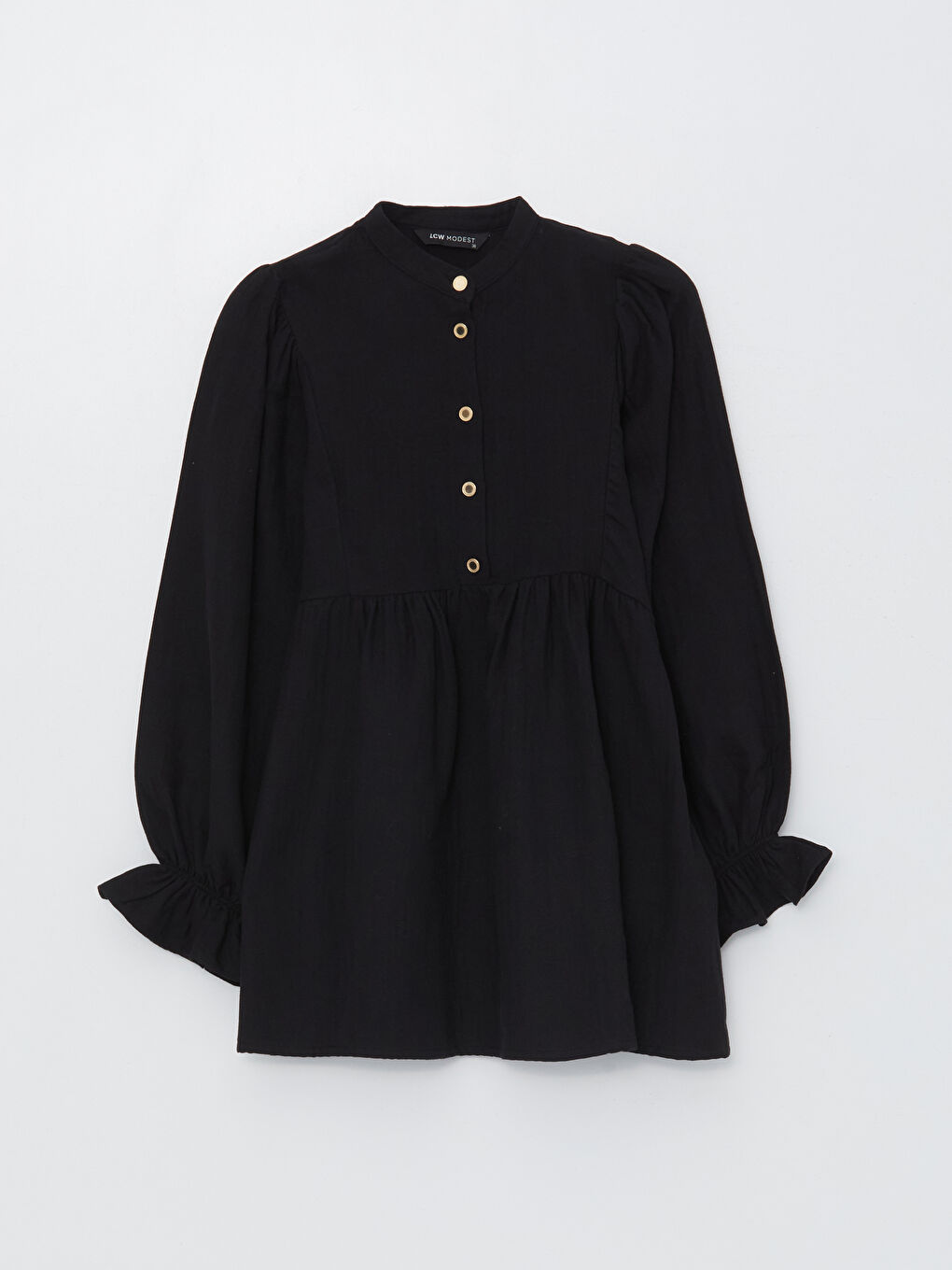 Siyah Hakim Yaka Düz Uzun Kollu Oversize Müslin Kadın Tunik-5