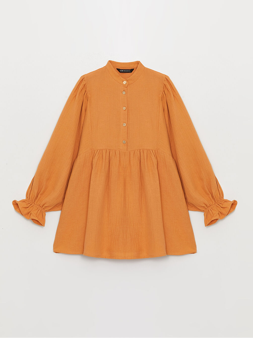 Turuncu Hakim Yaka Düz Uzun Kollu Oversize Müslin Kadın Tunik-4