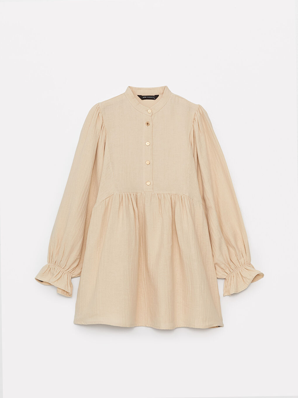 Bej Hakim Yaka Düz Uzun Kollu Oversize Müslin Kadın Tunik-5