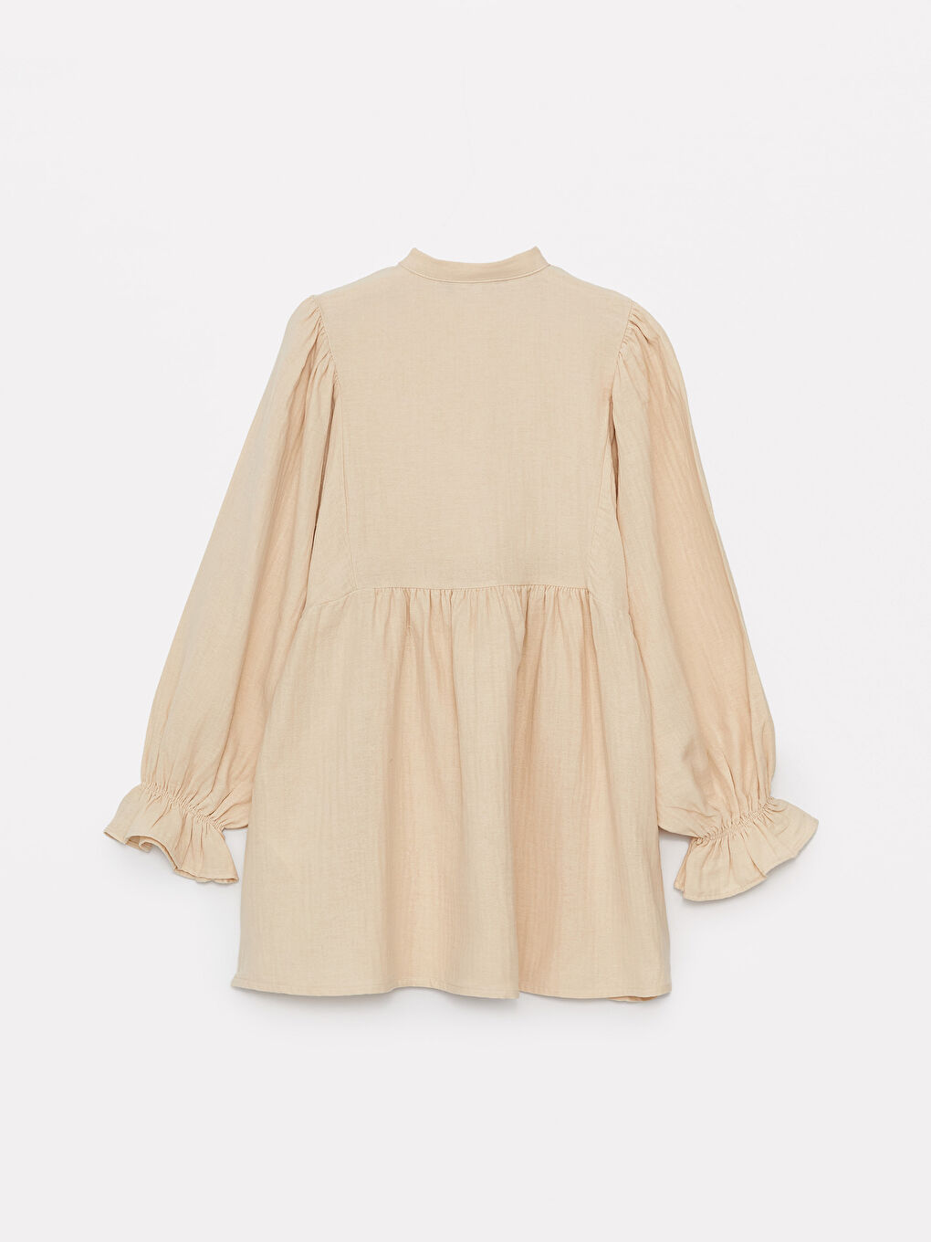 Bej Hakim Yaka Düz Uzun Kollu Oversize Müslin Kadın Tunik-6