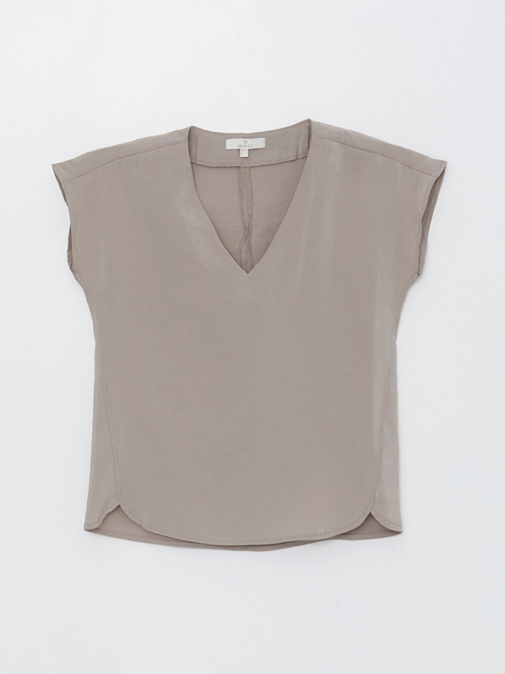 Kahverengi V Yaka Düz Kısa Kollu Kadın Bluz