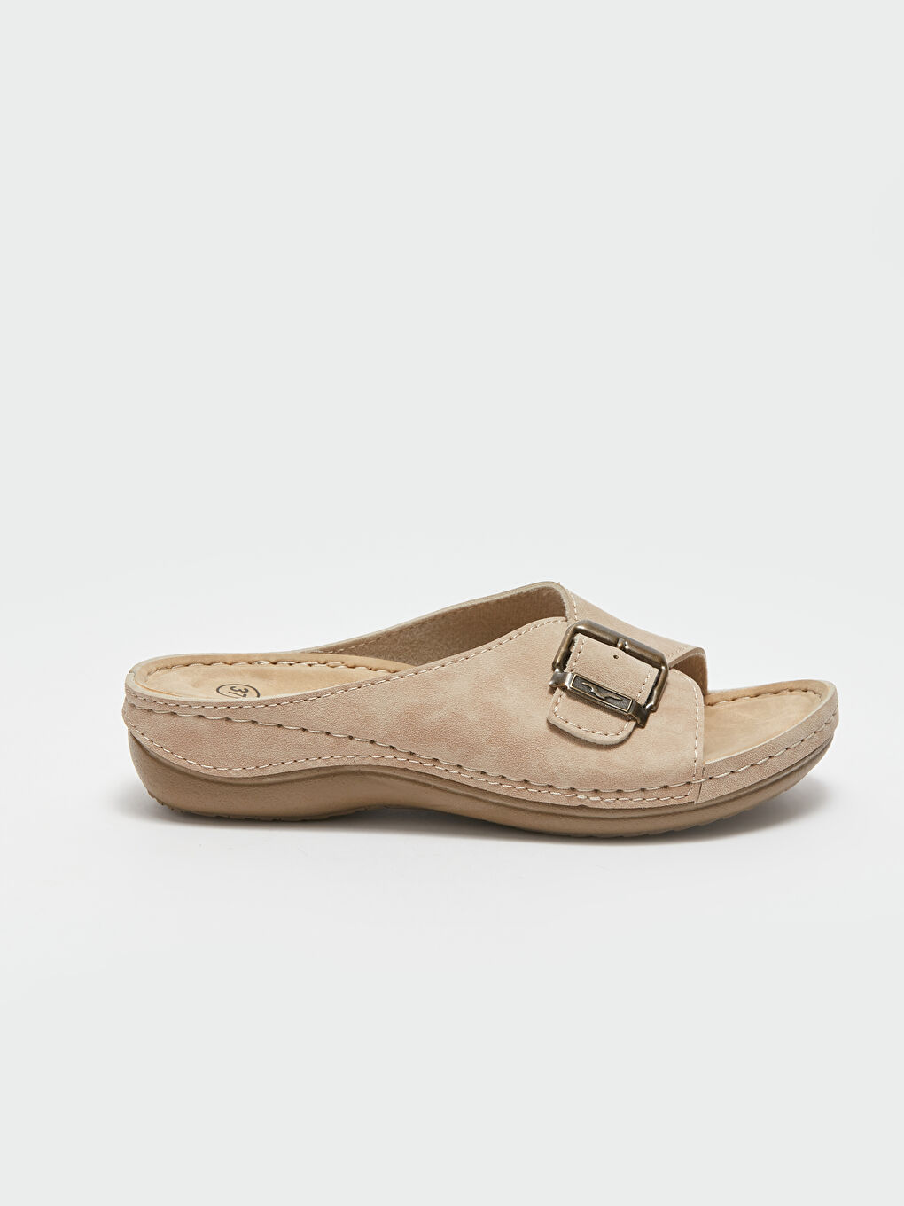 Bej Tek Bantlı Toka Detaylı Kadın Terlik-1