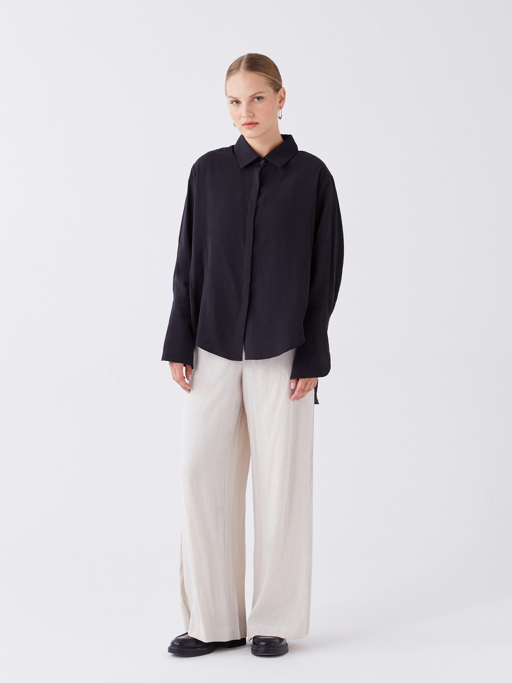 Elastic Waist Plain Linen Blend Women's Trousers-1