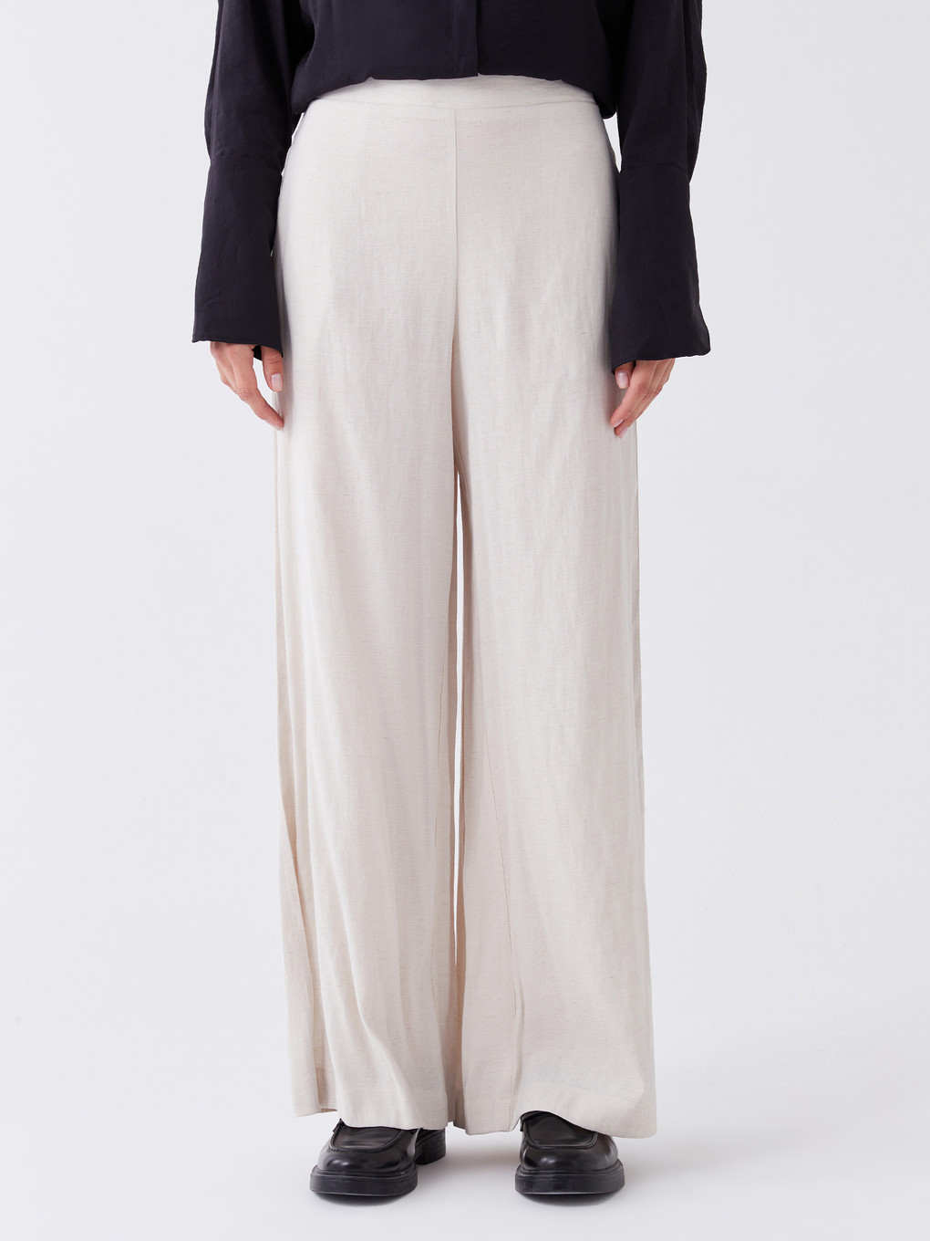 Elastic Waist Plain Linen Blend Women's Trousers-3