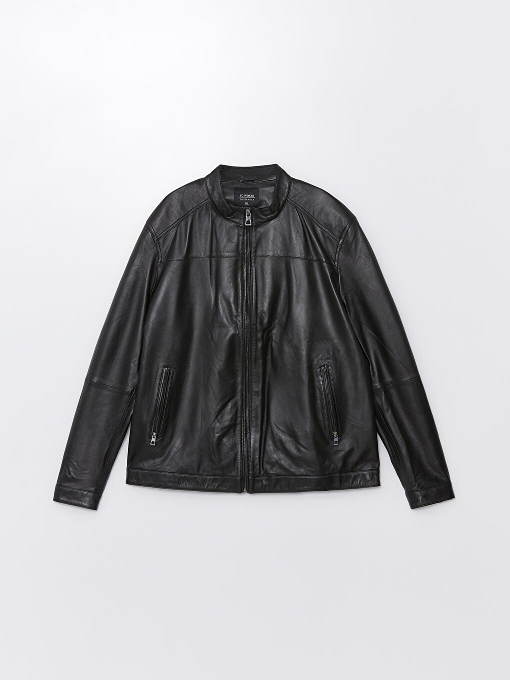 Siyah Standart Kalıp Dik Yaka Erkek Deri Mont