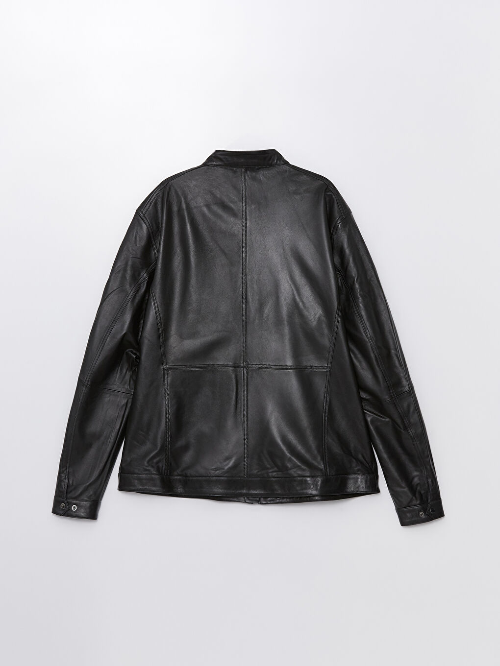 Siyah Standart Kalıp Dik Yaka Erkek Deri Mont-1