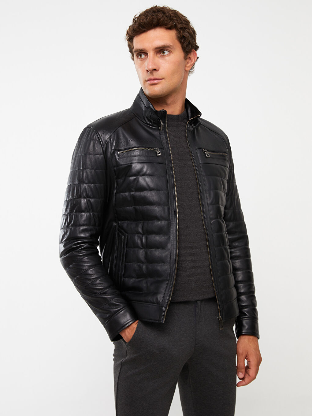 Standard Pattern Standing Collar Men's Leather Coat-1