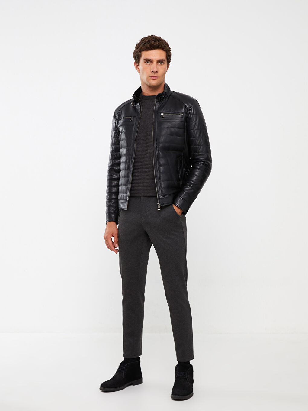 Standard Pattern Standing Collar Men's Leather Coat-2