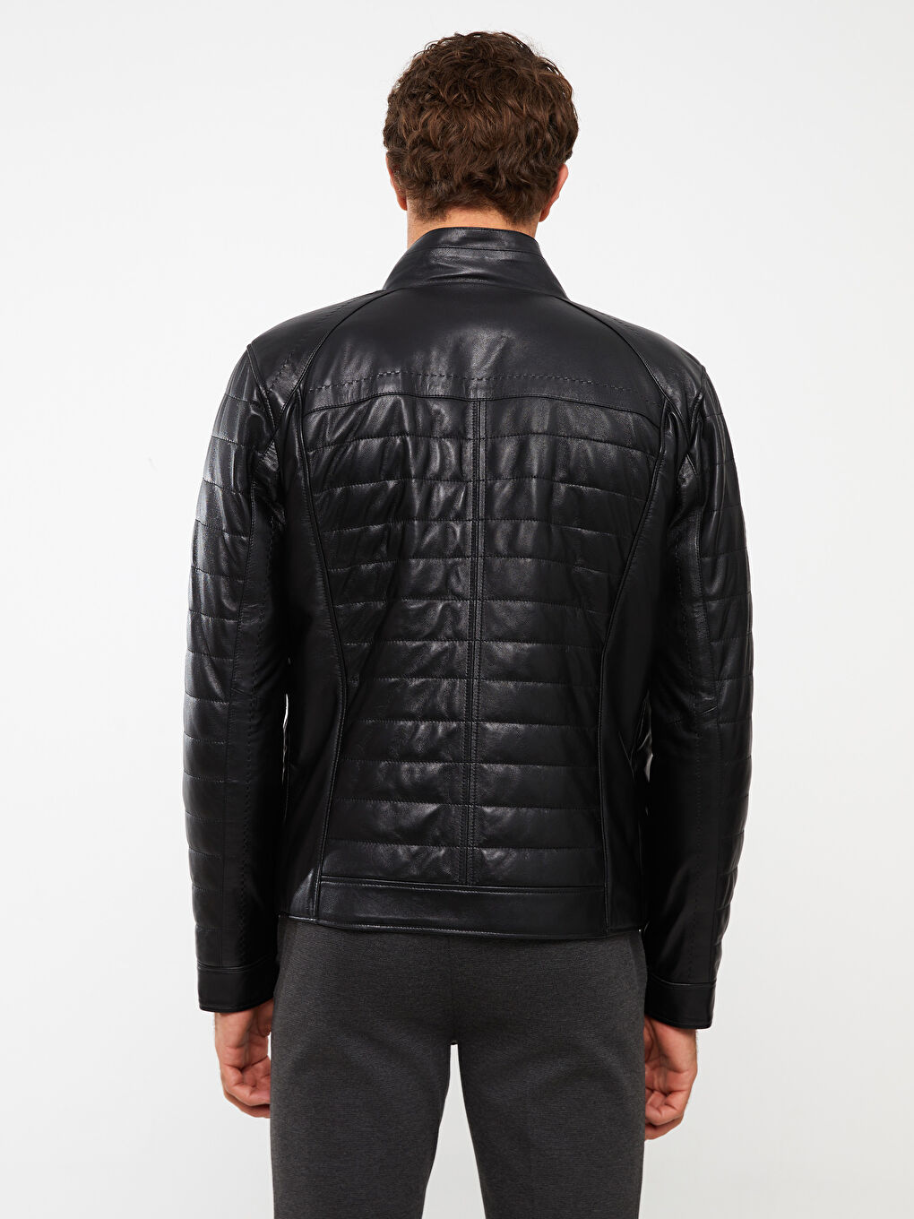 Standard Pattern Standing Collar Men's Leather Coat-5