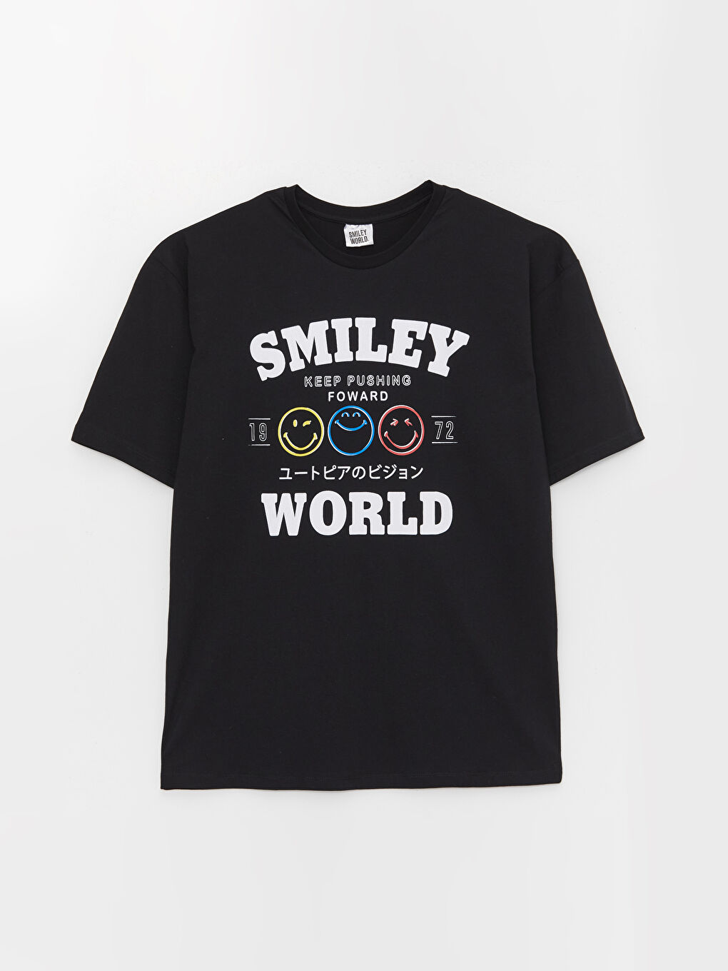 SmileyWorld Yeni Siyah Bisiklet Yaka Kısa Kollu SmileyWorld Baskılı Erkek Tişört - 5