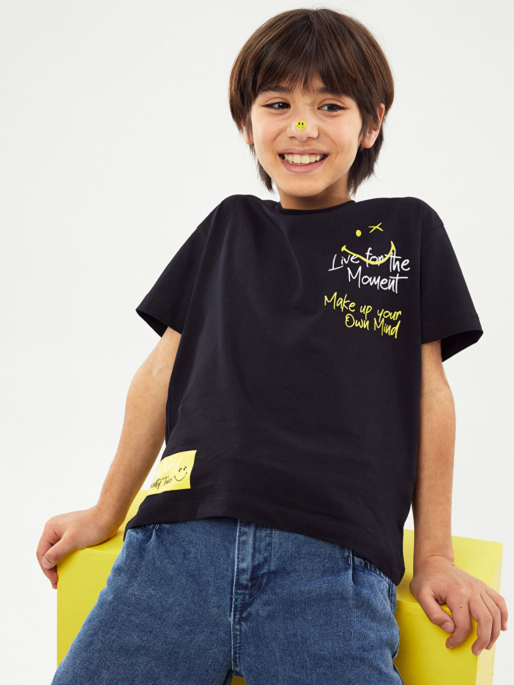 Siyah Bisiklet Yaka Baskılı Kısa Kollu Unisex Çocuk Tişört-2