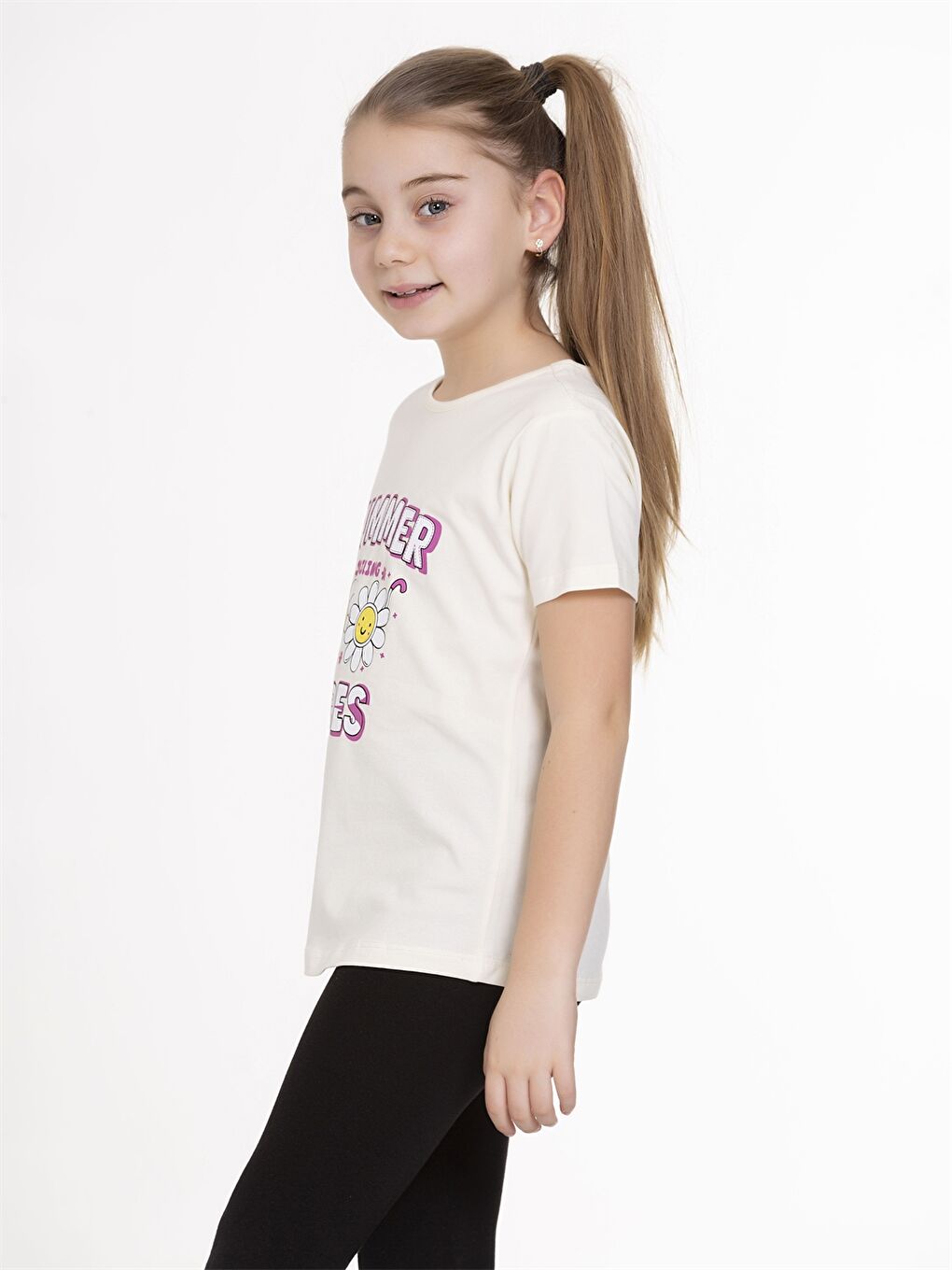 Beyaz Bisiklet Yaka Baskılı Kısa Kollu Kız Çocuk Tişört-2