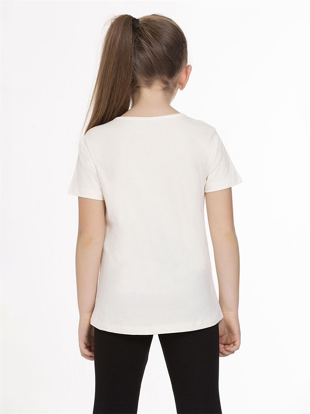 Beyaz Bisiklet Yaka Baskılı Kısa Kollu Kız Çocuk Tişört-3