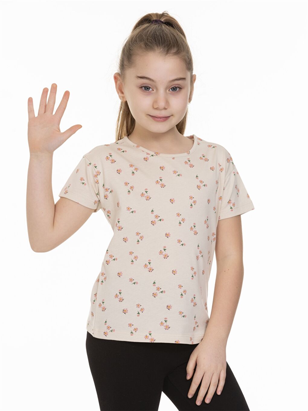 Beyaz Bisiklet Yaka Baskılı Kısa Kollu Kız Çocuk Tişört-1