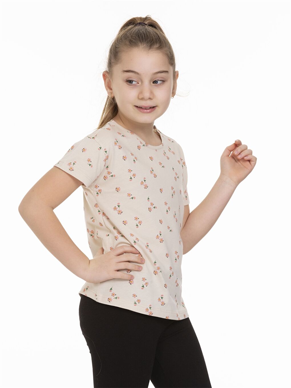 Beyaz Bisiklet Yaka Baskılı Kısa Kollu Kız Çocuk Tişört-2