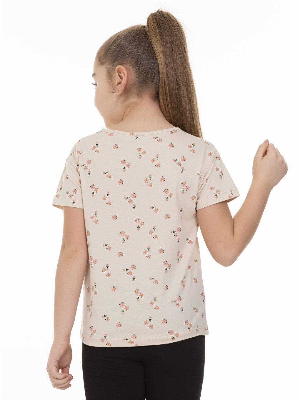 Beyaz Bisiklet Yaka Baskılı Kısa Kollu Kız Çocuk Tişört-3