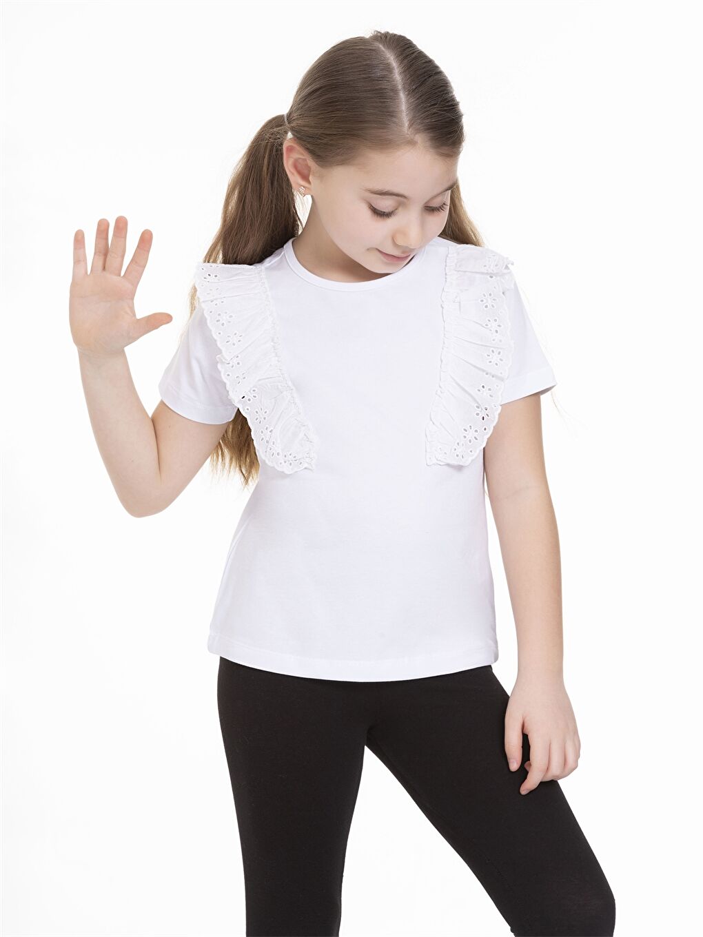 Beyaz Bisiklet Yaka Kısa Kollu Kız Çocuk Tişört