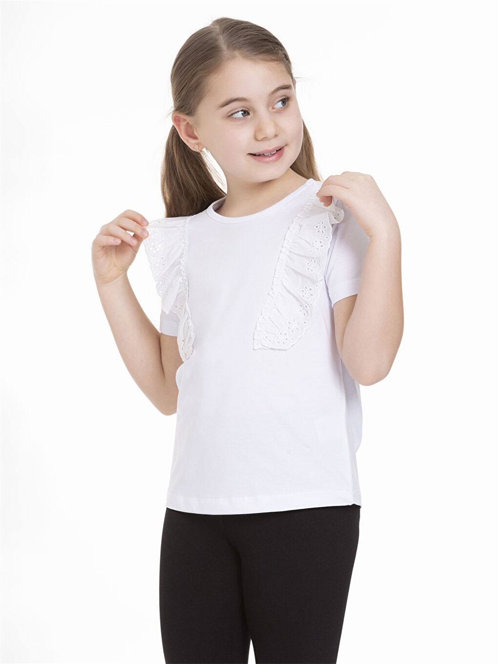 Beyaz Bisiklet Yaka Kısa Kollu Kız Çocuk Tişört-1