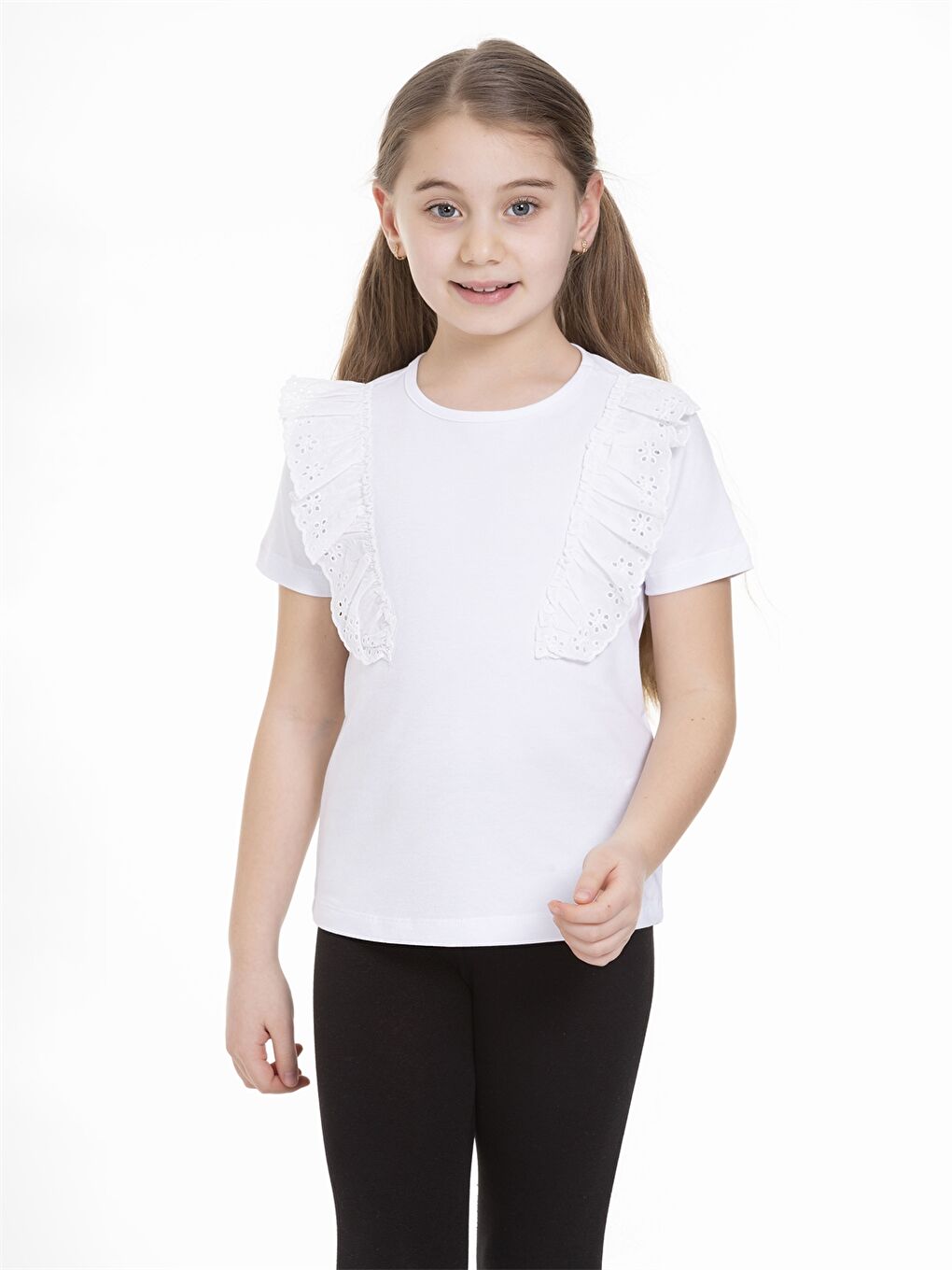 Beyaz Bisiklet Yaka Kısa Kollu Kız Çocuk Tişört-2