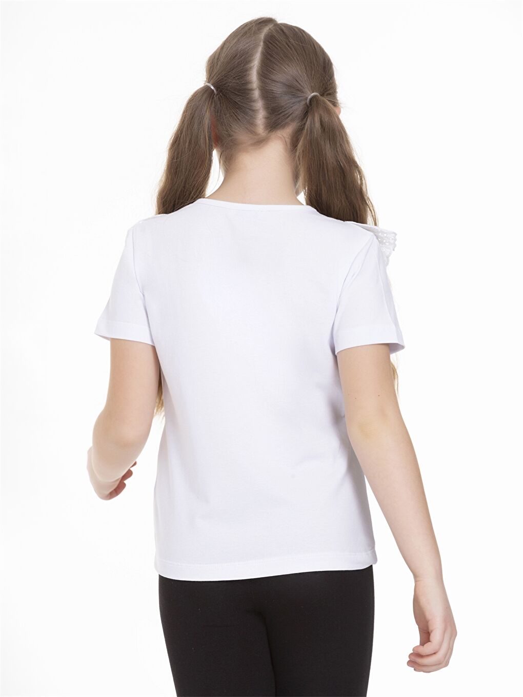 Beyaz Bisiklet Yaka Kısa Kollu Kız Çocuk Tişört-3