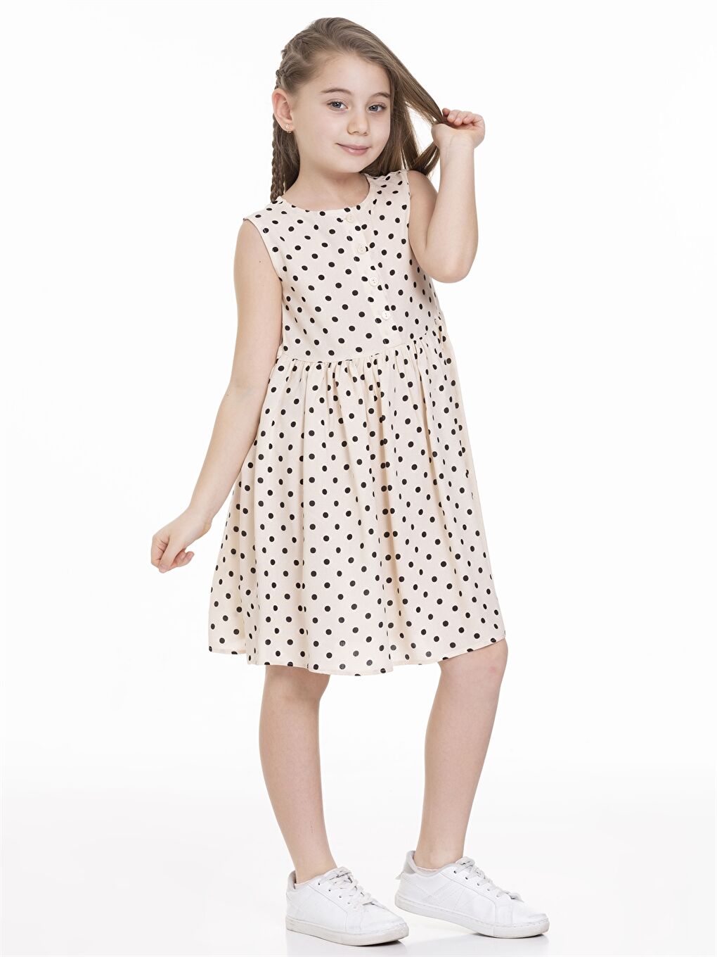 Ekru Bisiklet Yaka Desenli Kız Çocuk Elbise