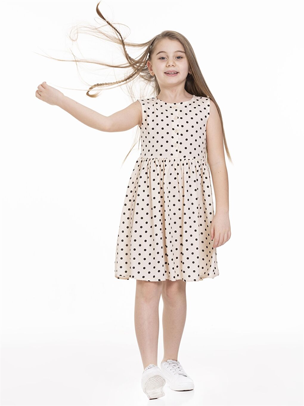 Ekru Bisiklet Yaka Desenli Kız Çocuk Elbise-1