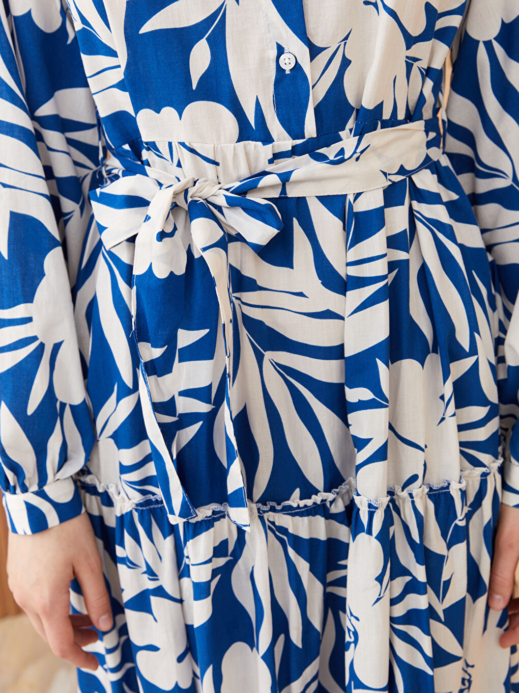 Mavi Hakim Yaka Çiçekli Kadın Elbise-3