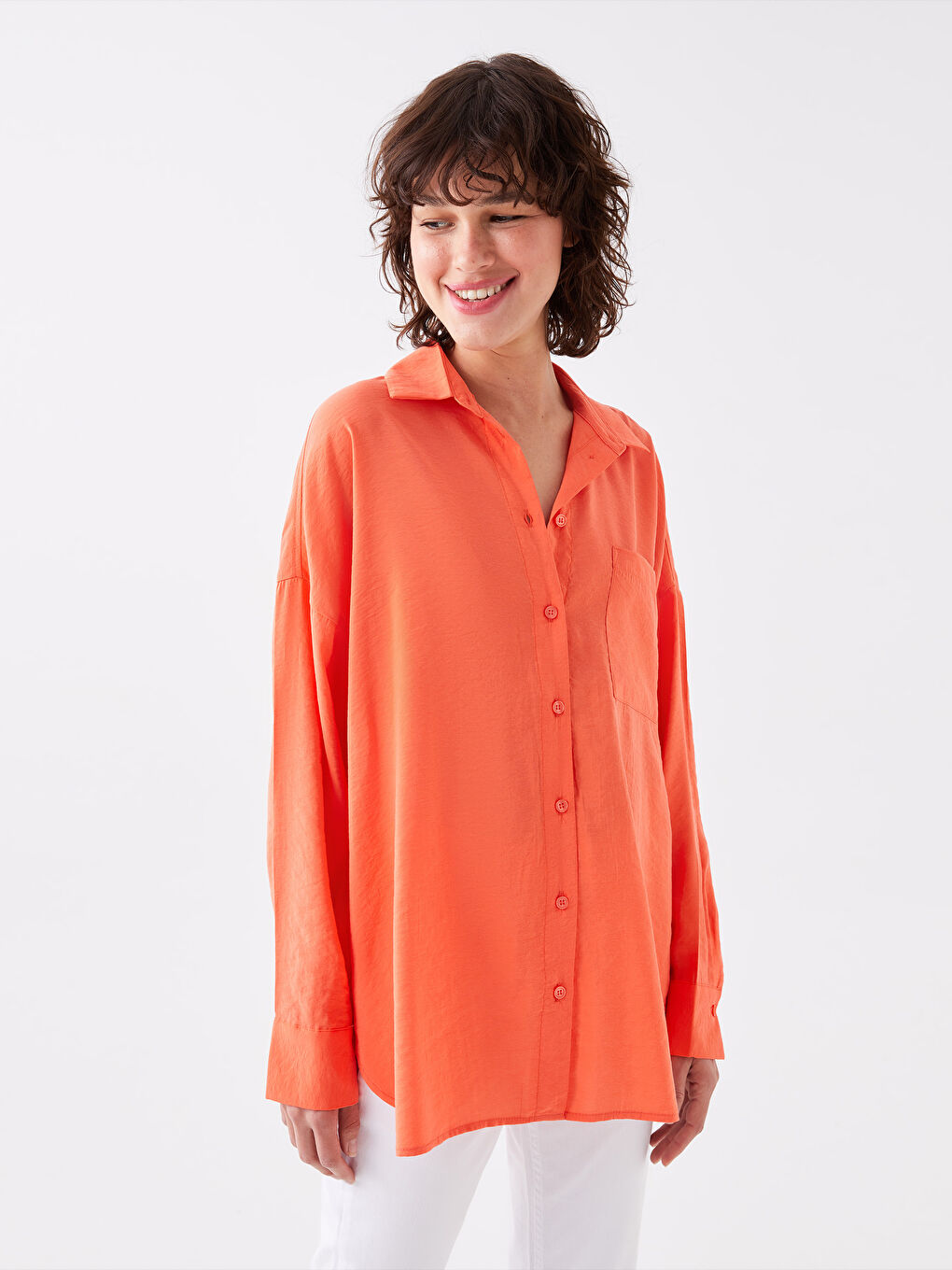 Tunique Chemise Unie à Manches Longues Oversize pour Femmes-1