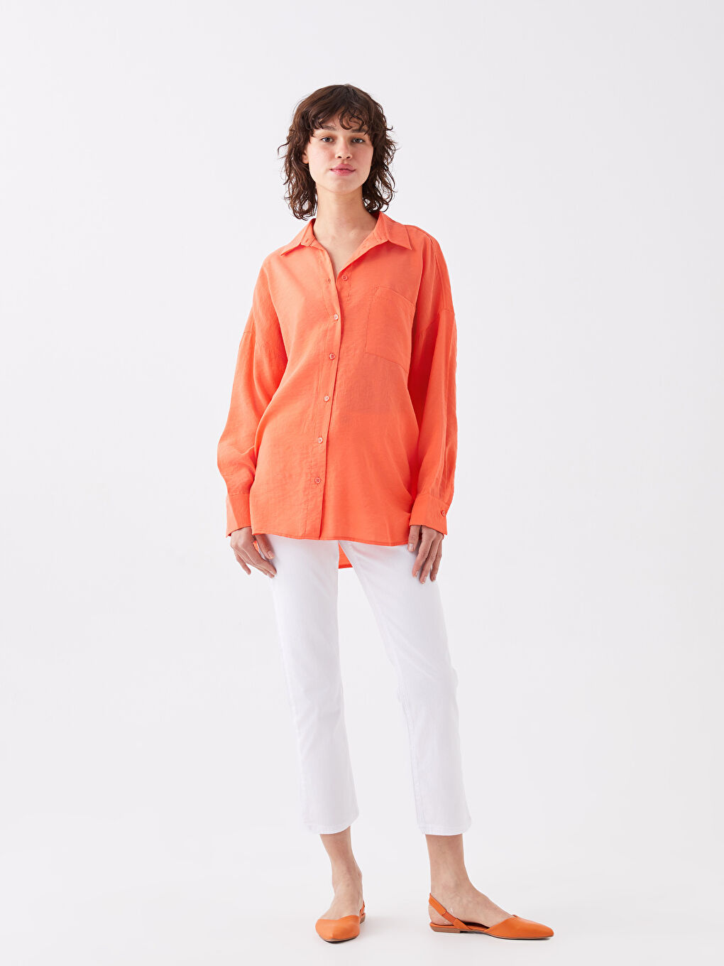 Tunique Chemise Unie à Manches Longues Oversize pour Femmes-2
