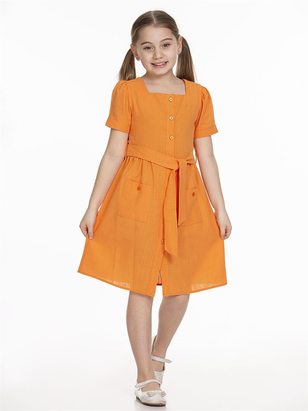 Turuncu Kare Yaka Basic Kısa Kollu Kız Çocuk Elbise