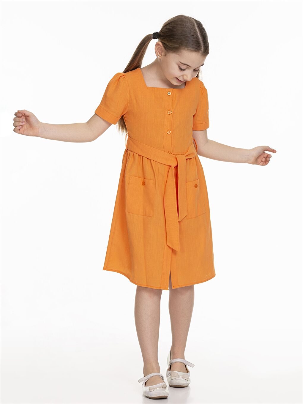 Turuncu Kare Yaka Basic Kısa Kollu Kız Çocuk Elbise-1