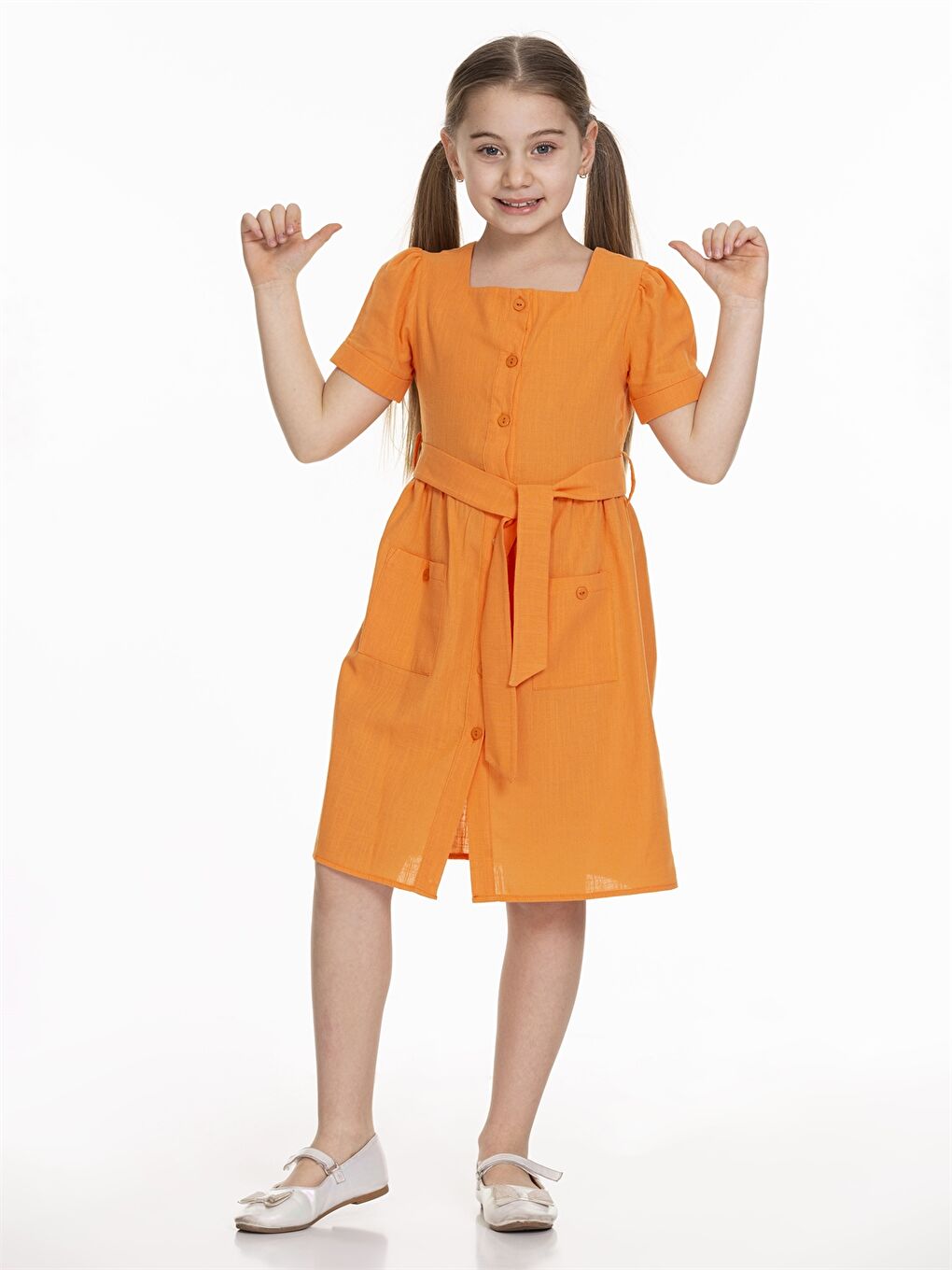 Turuncu Kare Yaka Basic Kısa Kollu Kız Çocuk Elbise-2