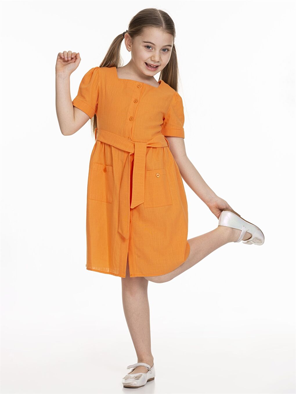 Turuncu Kare Yaka Basic Kısa Kollu Kız Çocuk Elbise-3