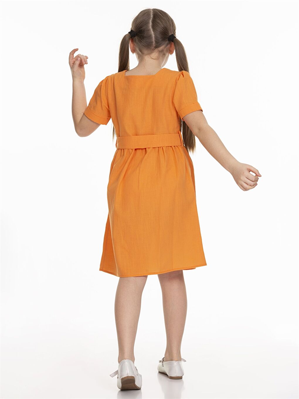 Turuncu Kare Yaka Basic Kısa Kollu Kız Çocuk Elbise-4