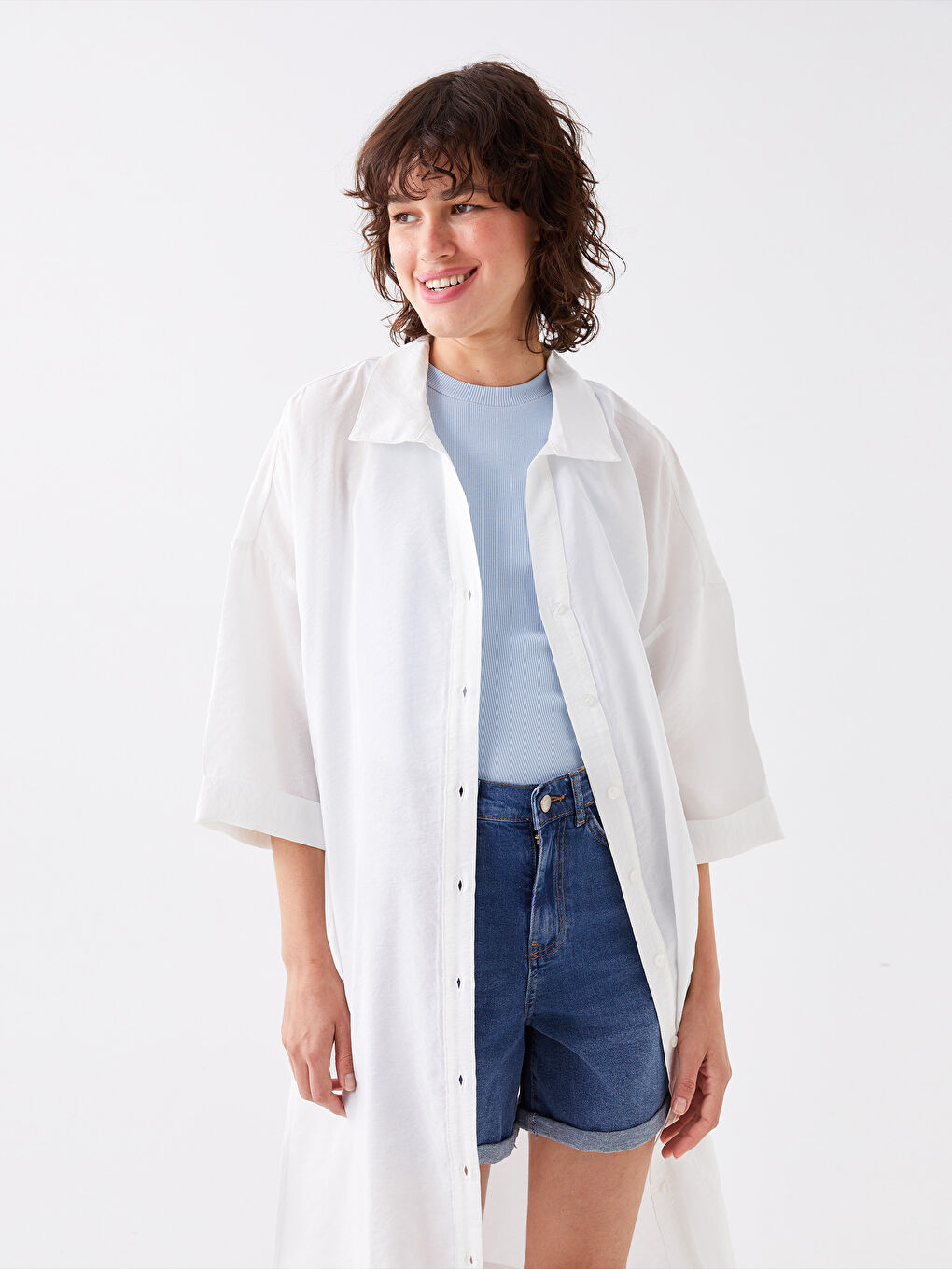 Shirt Collar Straight Short Sleeve Oversize Women's Tunic-1