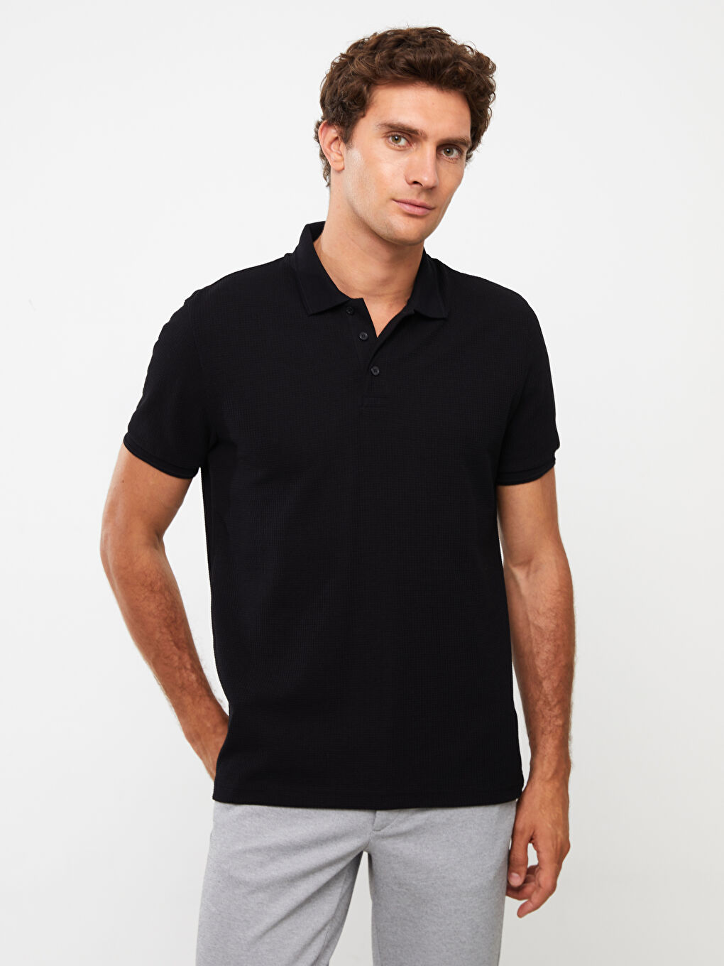 Siyah Polo Yaka Kısa Kollu Pike Erkek Tişört-2