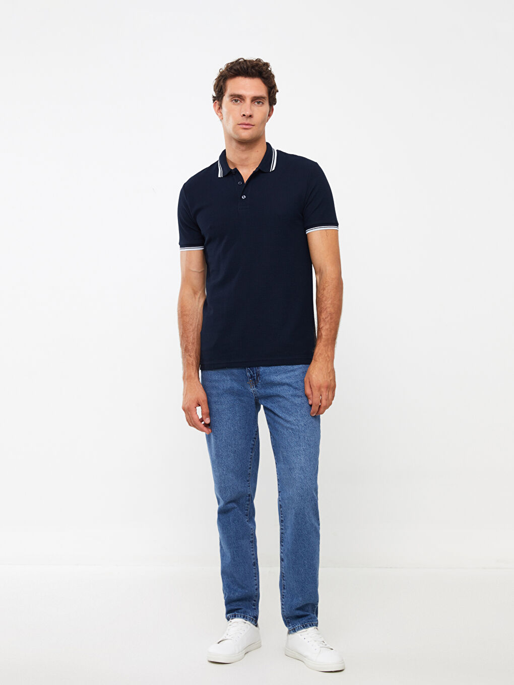 Lacivert Polo Yaka Kısa Kollu Pike Erkek Tişört-1