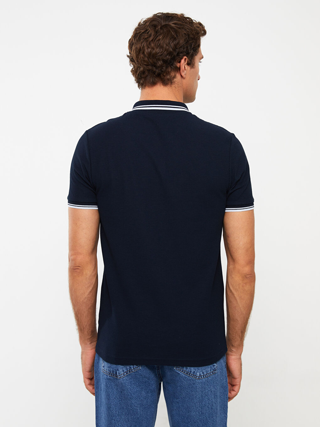 Lacivert Polo Yaka Kısa Kollu Pike Erkek Tişört-4