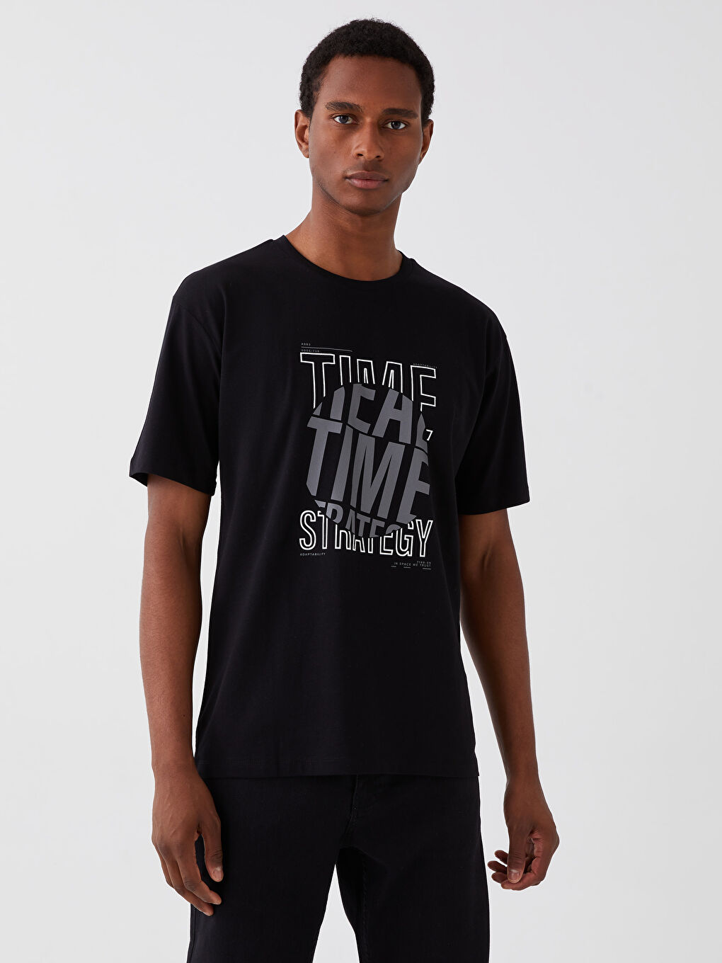 Siyah Bisiklet Yaka Kısa Kollu Baskılı Penye Erkek Tişört-1