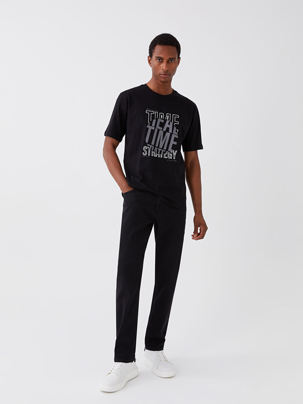 Siyah Bisiklet Yaka Kısa Kollu Baskılı Penye Erkek Tişört-2