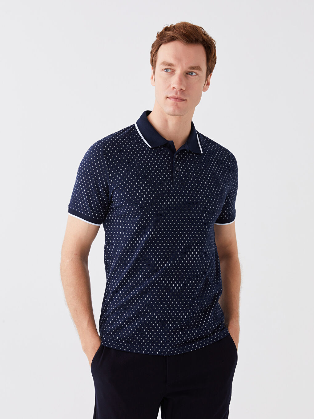 Lacivert Polo Yaka Kısa Kollu Desenli Erkek Tişört-1