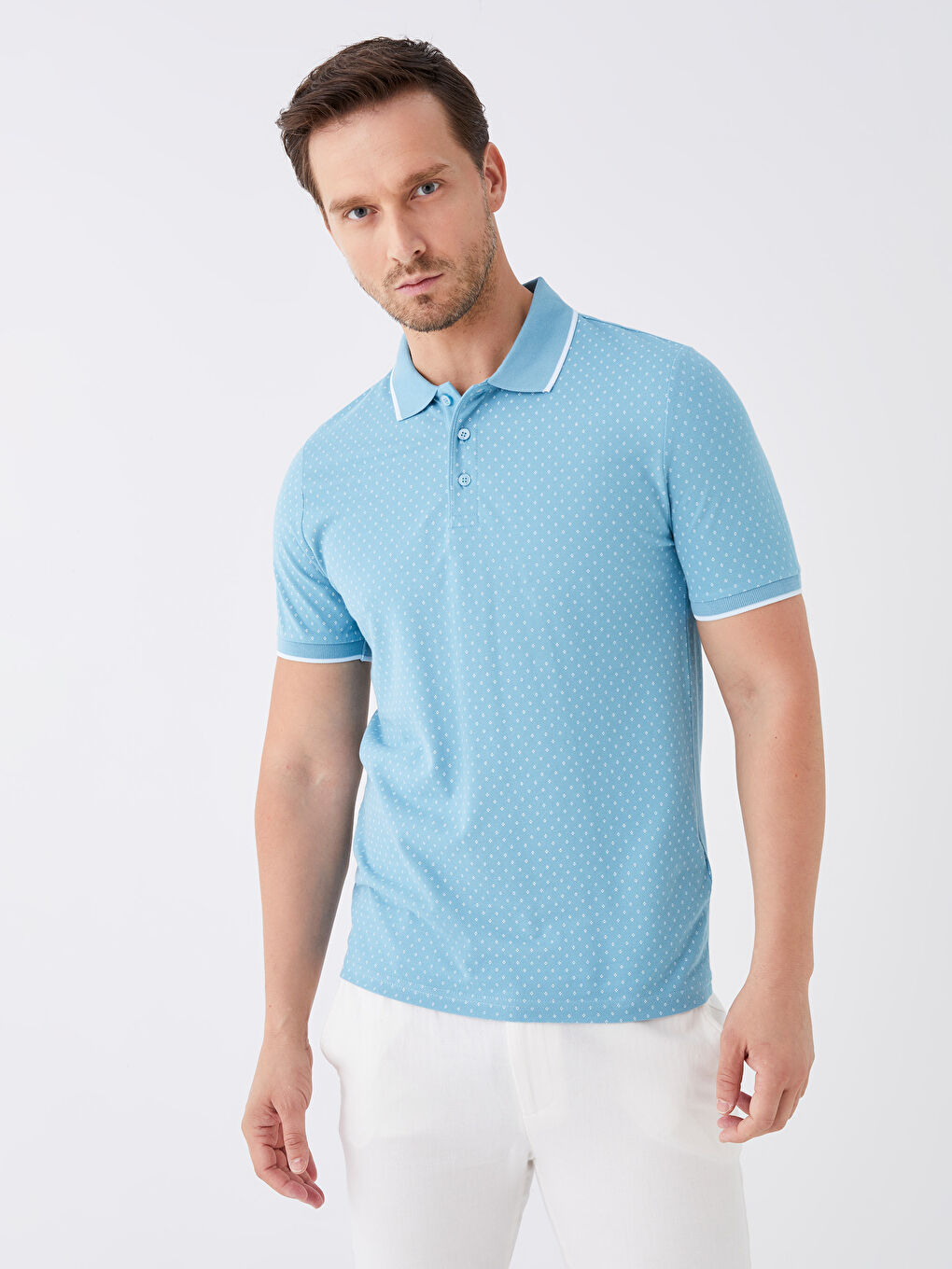 Mavi Polo Yaka Kısa Kollu Desenli Erkek Tişört-1