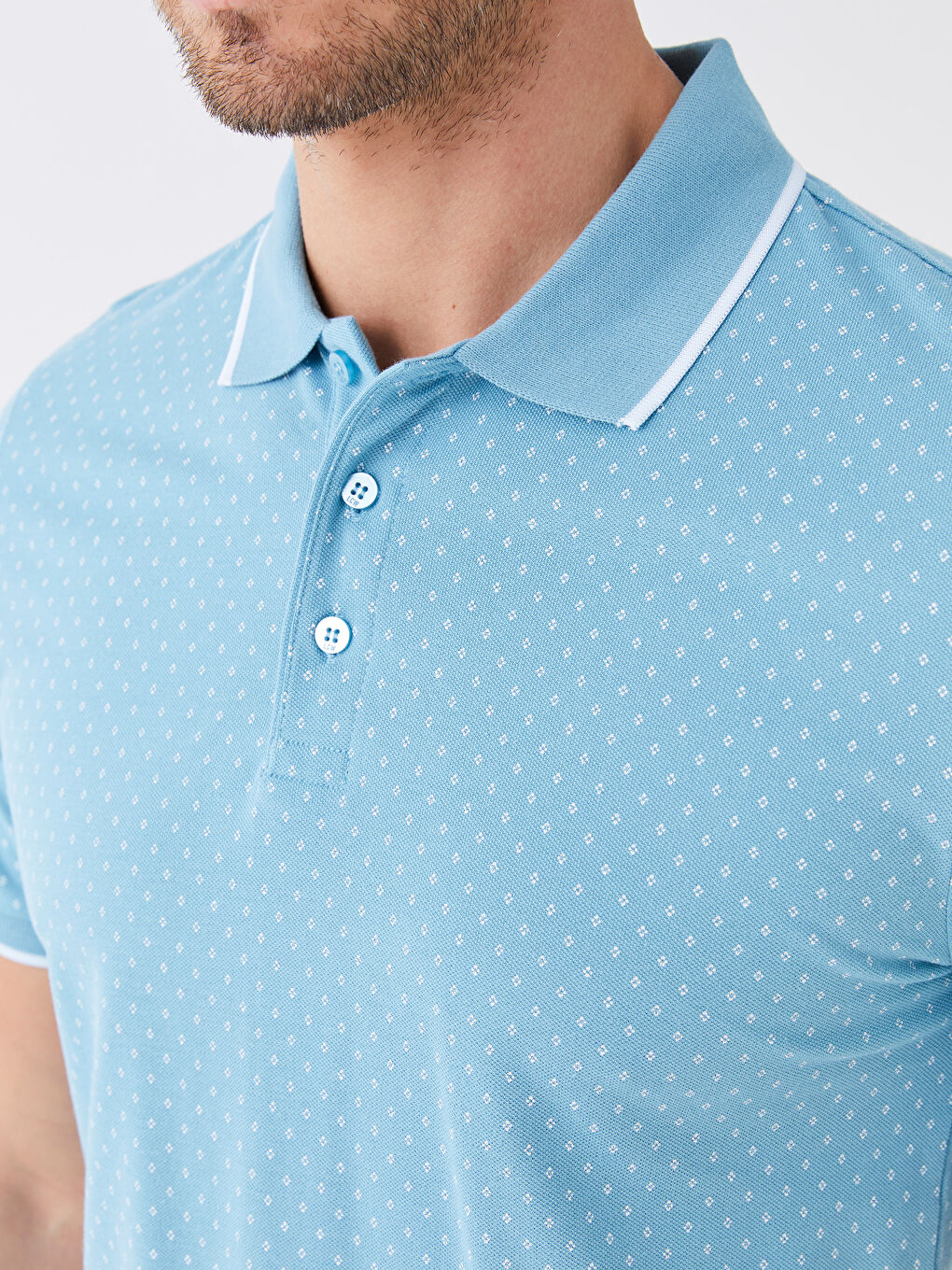 Mavi Polo Yaka Kısa Kollu Desenli Erkek Tişört-3