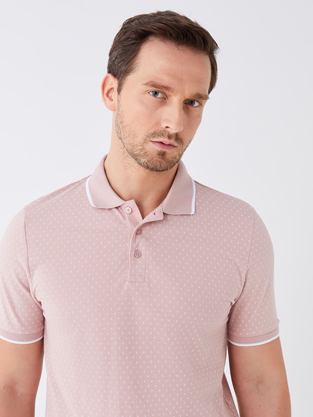 Pembe Polo Yaka Kısa Kollu Desenli Erkek Tişört
